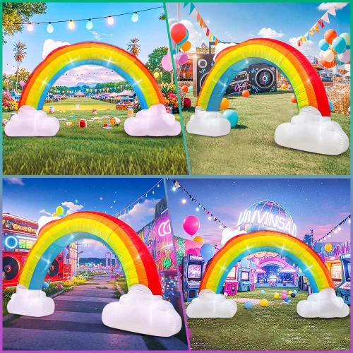 Vista 2 de Arco de arco iris inflable de 14 pies, arco de música inflable arco iris, decoración de patio inflable con luces LED para exteriores, decoración