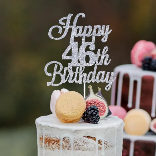 Vista 8 de Decoración para tartas de cumpleaños número 46 con purpurina plateada, decoración de cumpleaños de 46 años, decoración de cumpleaños de 46 años
