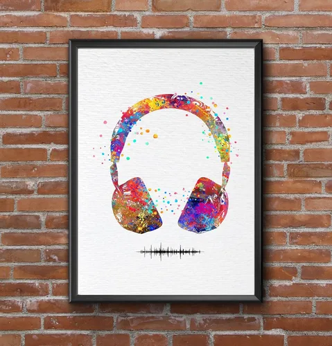 Vista 5 de Dignovel Studios 13X19 Unframed Headset with Sound Wave Headphone Game Room Watercolor Art Print Poster Archival Fine Nursery Home Decor Wall