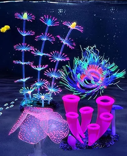 ZtohPyo 4 piezas de decoración de pecera de acuario con efecto brillante, adorno artificial de silicona brillante, plantas de arrecife de coral para