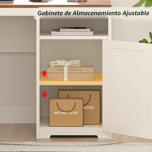 Vista 6 de YOMILUVE Escritorio ejecutivo en forma de L de granja de 63 pulgadas con cajones y estante de almacenamiento, escritorio de esquina para computadora