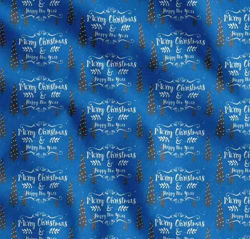 Tela de algodón azul Soimoi, diseño de árbol de tela de cambric, feliz Navidad y feliz año nuevo, de 42 pulgadas de ancho