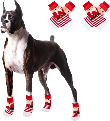 Vista 8 de Rypet 2 pares de calcetines de Navidad para perro, antideslizantes, con correas ajustables, control de tracción para interiores y suelos de madera