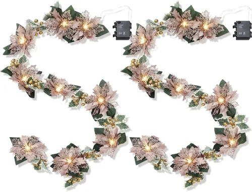 Vista 8 de 2 guirnaldas de flores artificiales de Navidad con purpurina de 6.5 pies, 10 luces LED, guirnalda de flores sintéticas de Navidad con luces, bayas