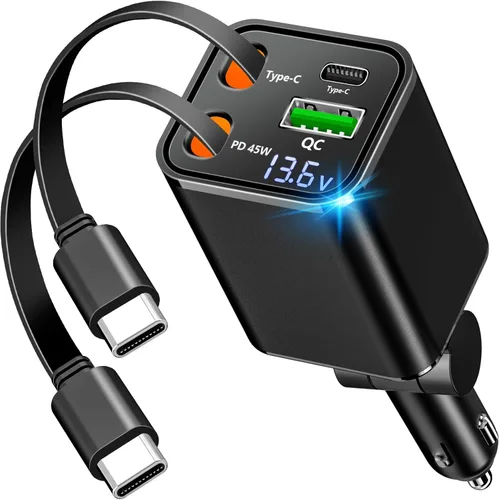 [Apple MFi Certified] Retractable Car Charger for iPhone 17, SDNCIE 120W USB C Car Charger 4 in 1 PD/QC Type C Fast Charging Cigarette Lighter