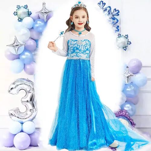 Vista 5 de Vestido de princesa Elsa para niñas, disfraz de princesa Elsa de Frozen, fiesta de nieve, fiesta de cumpleaños con accesorios