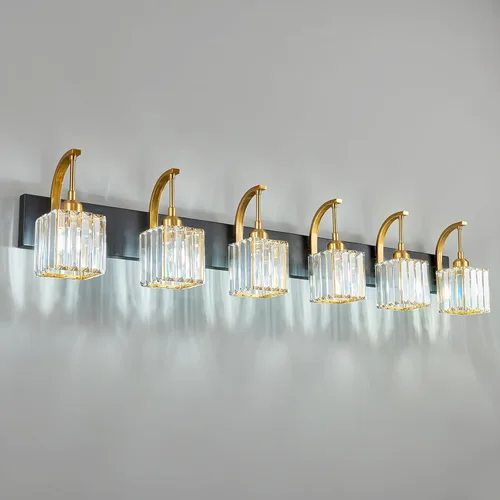 Vista 14 de Lámpara de tocador de cristal de 4 luces, aplique de pared de baño cromado moderno con pantallas de cristal K9, 32.67" de largo, iluminación sobre