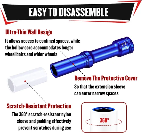 Vista 5 de YIYITOOLS Juego de 3 llaves de tuerca de impacto de 1/2 pulgada, enchufes profundos extra largos de 5.906 in, enchufes de pared delgados de 6 puntos