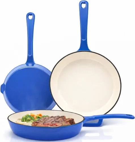 Vista 16 de Hisencn - Juego de sartenes de hierro fundido esmaltado, juego de 3 piezas (20.3 cm/24.1 cm/27.9 cm), libre de PFAS, PTFE y PFOA, compatible