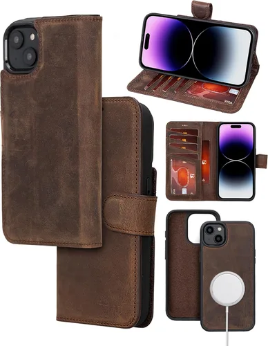 Vista 15 de Bayelon Funda para iPhone 14 Pro Max, funda de cuero de grano completo, [2 en 1], funda magnética desmontable con ranuras para tarjetas, función