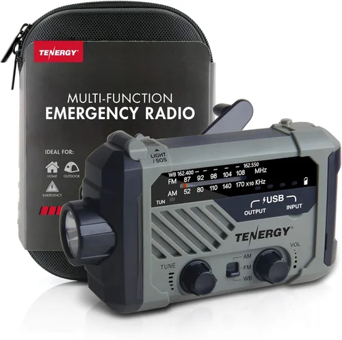Tenergy Radio meteorológica multifuncional con manivela con linternas LED, alarma SOS, cargador de teléfono celular, radiofrecuencias AM/FM/NOAA,