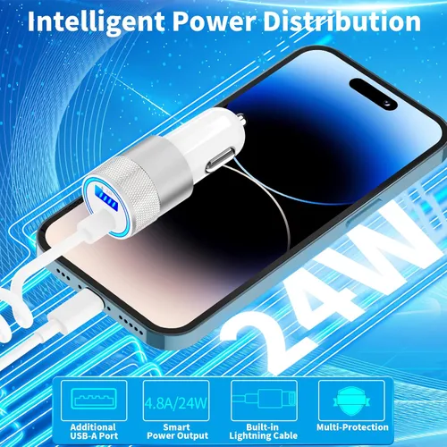 Vista 2 de 【MFi Certified】iPhone Car Charger Fast Charging, Braveridge 4.8A Dual USB Power Cigarette Lighter USB Car Charger Adapter with 6FT Coiled Lightning