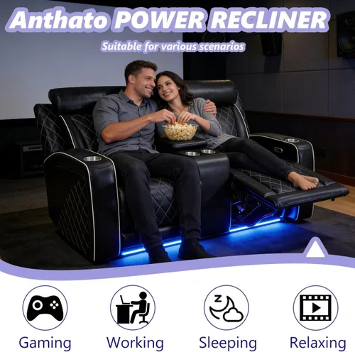 Vista 4 de Juego de sofá reclinable eléctrico, de cuero transpirable, sofá reclinable de sofá biplaza y sillas de cine en casa con portavasos / Negro