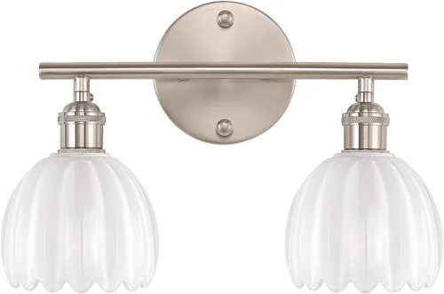 Shenmoyl Lámparas de baño, lámpara de pared de 2 luces para tocador sobre espejo con pantalla de vidrio tulipán blanco para dormitorio, sala de