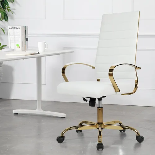 Vista 2 de LANDSUN Silla de oficina en casa, silla ejecutiva de respaldo alto, de piel sintética acanalada, silla de escritorio para computadora