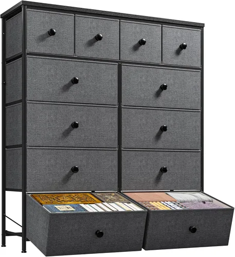 Vista 11 de Cómoda para dormitorio con organizador de cajones de almacenamiento, cómodas y baúles de tela, marco de metal resistente, parte superior de madera