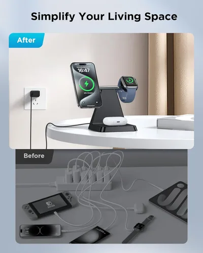 Vista 4 de Estación de carga para múltiples dispositivos Apple: Woruda 3 en 1 Soporte de cargador inalámbrico magnético para iPhone Mag Safe - Base de carga