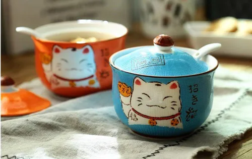 Vista 4 de Cerámica japonesa Maneki Neko Lucky Cat Azúcar Sal Pimienta Tarro de almacenamiento con tapa y cuchara