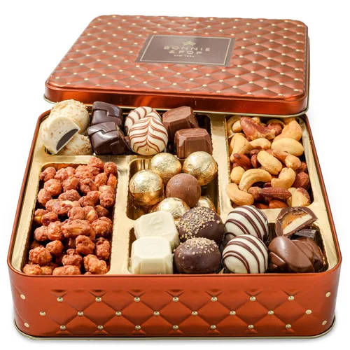 Cesta de regalo gourmet de chocolate y nueces, surtido de chocolates, trufas, anacardos, maní y nueces saladas envueltos individualmente, lata de