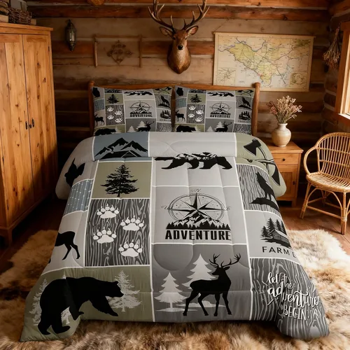 Vista 66 de Manfei Juego de Edredón de Siluetas de Animales con Astas de Ciervo Tamaño Full, Juego de Ropa de Cama de Camuflaje con Cuadros Geométricos de 3