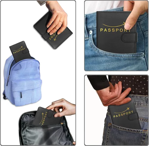 Vista 6 de Cartera de pasaporte de piel sintética para pasaporte, RFID impermeable, carteras esenciales para vacaciones, pasaporte, carteras de viaje