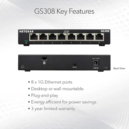 Vista 5 de NETGEAR - Conmutador no administrado Gigabit Ethernet de 8 puertos (GS308), hub de red doméstica, bifurcador Ethernet de oficina, sin software
