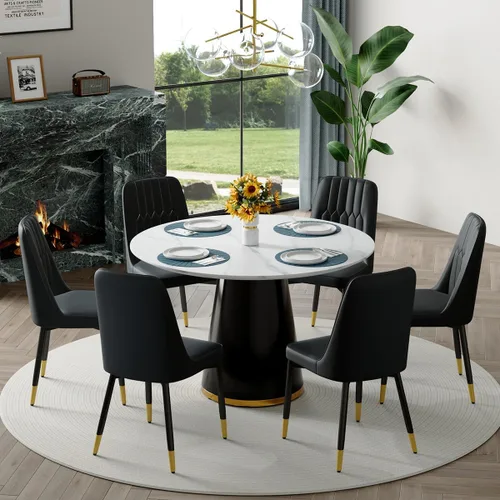 Vista 21 de Mesa de comedor redonda para mesa de comedor de 4/6, 45 pulgadas, mesa de cocina pequeña con pedestal estable, mesa de comedor moderna para cocina