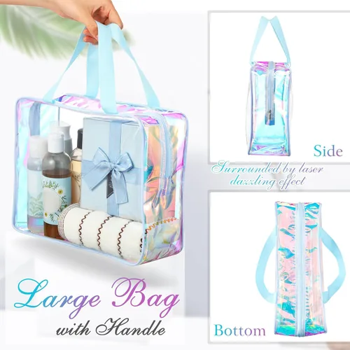 Vista 4 de Sweetude Neceser grande transparente con asa de gran capacidad, bolsa de maquillaje iridiscente para playa, bolsa de maquillaje de PVC transparente
