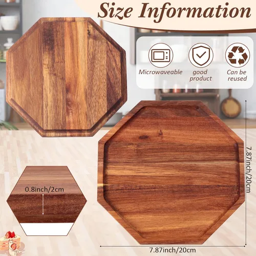 Vista 2 de Dandat 8 bandejas octogonales de madera de acacia para servir de 8 pulgadas, platos octogonales de madera para el hogar, cama, pan, carne, ensalada