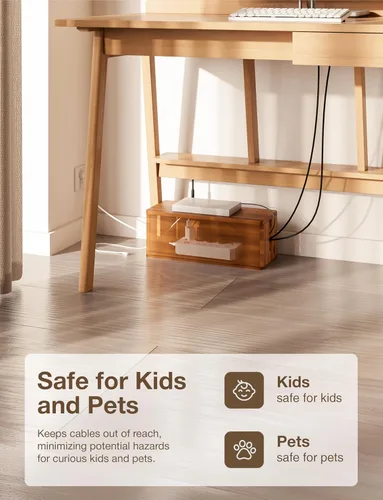 Vista 5 de Caja de gestión de cables de madera de acacia TIDITA con borde redondo - Caja organizadora de cables de madera de 40.6 cm de largo para ocultar