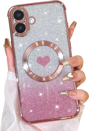 Vista 34 de Bonoma Funda con Purpurina Magnética para iPhone 16 Pro Max [Compatible con MagSafe], Funda Transparente Brillante de Lujo con Patrón de Corazones