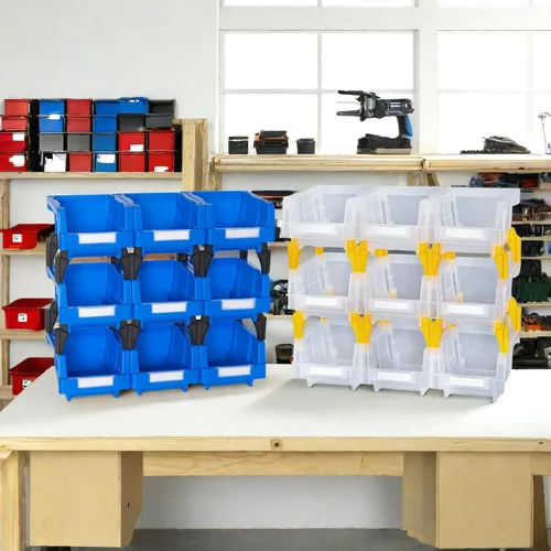 Vista 5 de Pequeños contenedores de almacenamiento apilables de plástico, 5-1/3 x 4-1/5 x 3, azul, paquete de 9