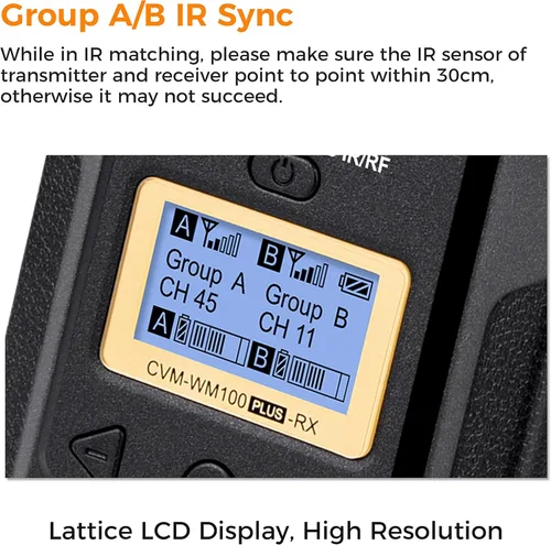 Vista 6 de Micrófono Lavalier inalámbrico, con bolsa de transporte, Comica CVM-WM100 PLUS UHF 48 canales Sistema de micrófono de doble solapa para cámaras