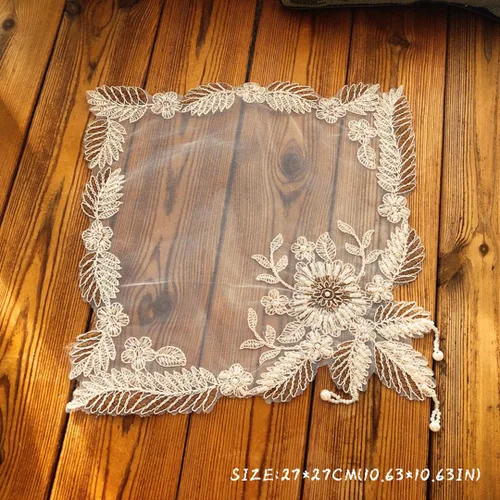 Vista 2 de Mantel cuadrado de encaje bordado con perlas, mantel cuadrado de macramé, manteles individuales para mesa de noche, portavasos, decoración de mantel