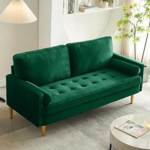 Vista 5 de Sofá LoveSeat de 67 pulgadas, sofá biplaza, sofás modernos de tela de terciopelo con diseño de puntos con dos almohadas redondas para espacios Verde