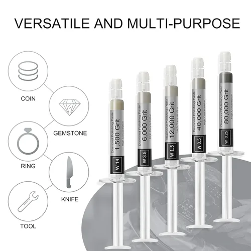 Vista 2 de Tryuunion Compuesto de pulido de diamante, 5 piezas de pasta de lapeado de grano 1500 a 80000, kit de compuesto de lapeado para joyas, metal