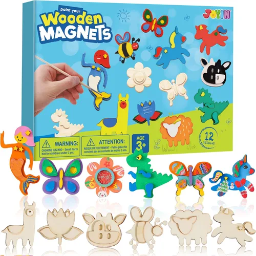 JOYIN Kit de pintura de arte y manualidades con 12 imanes de madera para niños, decora tu propia pintura para regalo, rellenos para cesta de Pascua