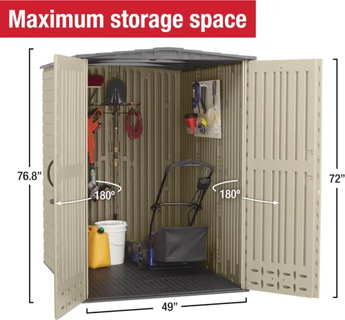 Vista 4 de Rubbermaid - Cobertizo grande vertical de resina para exteriores con piso (6.2 x 4.6 pies), resistente a la intemperie, beige/marrón, para organizar