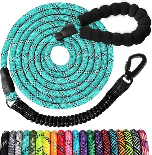 Vista 81 de Correa de perro de cuerda de 3 pies: correa resistente con gancho giratorio bloqueable, hilos reflectantes, bungee y asa acolchada - Correa