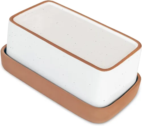 Vista 10 de Mora Mantequillera de cerámica dos en uno con tapa, recipiente de mantequilla cubierto para dejar en la encimera – Gran almacenador/soporte