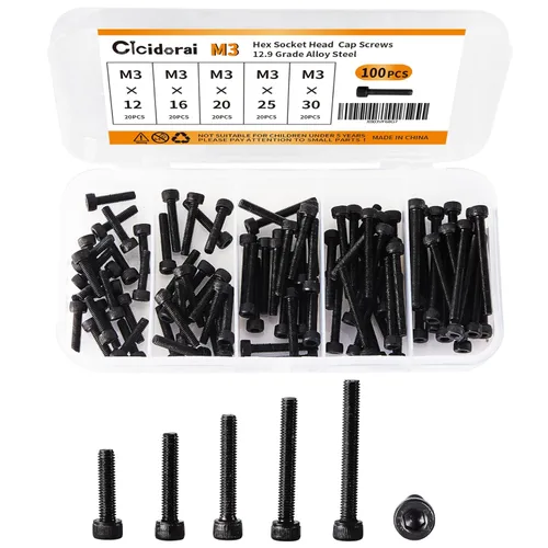 M3 x 12 mm, 16 mm, 20 mm, 25 mm, 30 mm Tornillos de cabeza hexagonal, acero de aleación de grado 12.9, acabado de óxido negro, totalmente roscado,