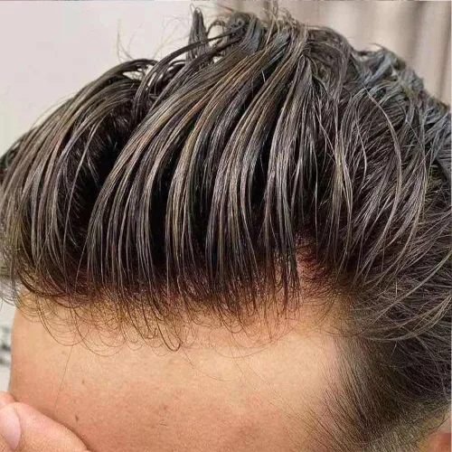 Vista 7 de Línea capilar natural tipo tupé de encaje francés con sistema de peluca de cabello humano PU para hombre, micro nudos para prótesis capilar