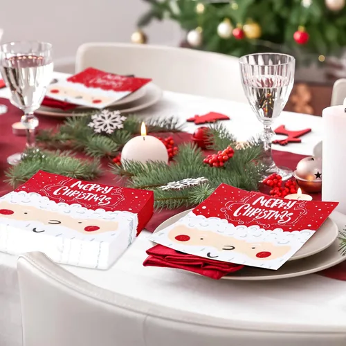 Vista 7 de Whaline Paquete de 100 servilletas de papel con diseño de Papá Noel, servilletas desechables rojas y blancas para el almuerzo, servilletas