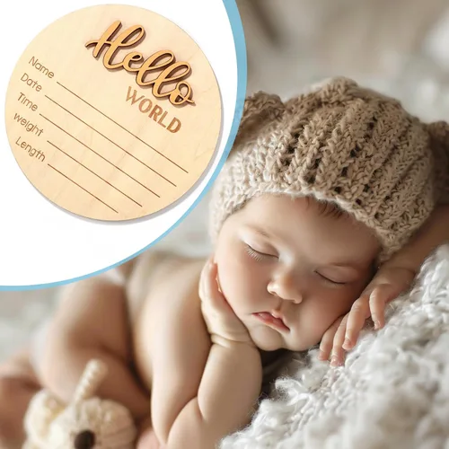 Vista 7 de NQEUEPN Letrero de anuncio para recién nacido, 5.9 pulgadas, de madera con texto en inglés «Hello World», letrero de bienvenida para bebés, placas