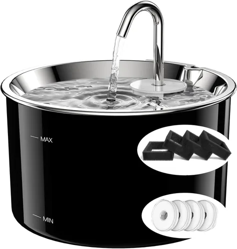 Fuente de agua para gatos de acero inoxidable, fuente de agua para mascotas de 3 L/101 onzas con sistema de filtración circulante de 5 etapas,