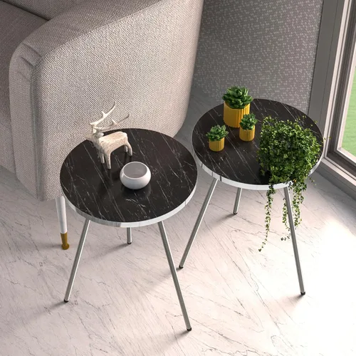 Vista 4 de Juego de 2 mesas auxiliares redondas de madera con aspecto de mármol, mesa auxiliar anidable para espacios pequeños, mesita de noche, mesa de noche