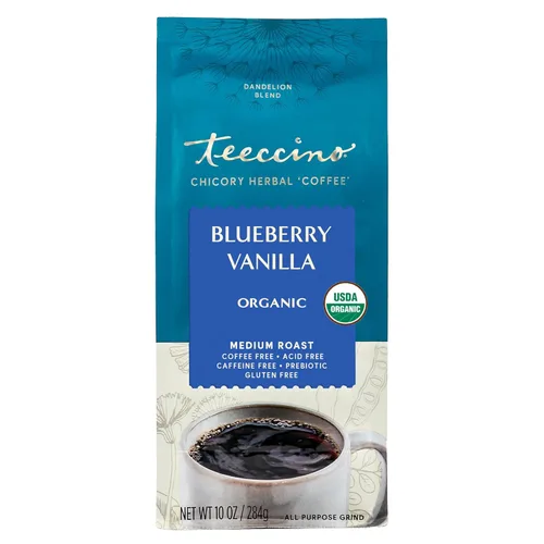 Vista 6 de Teeccino Alternativa de Café de Achicoria Diente de León Arándano Vainilla - Café Herbal Molido que es Prebiótico, Sin Cafeína y Sin Ácido, Tostado