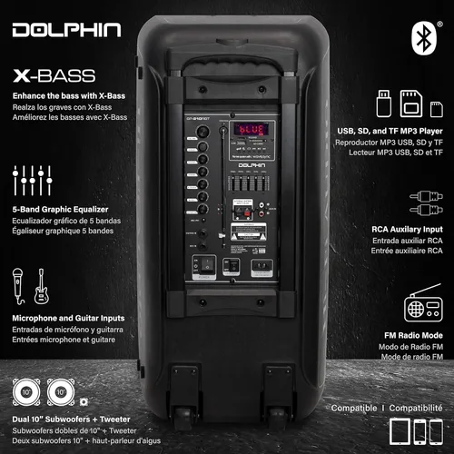 Vista 7 de Dolphin Altavoz Bluetooth dual de 10 pulgadas para fiestas, altavoz grande de 1000 W con 2 micrófonos inalámbricos, graves potentes, luces LED
