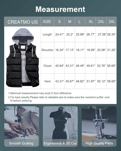 Vista 7 de CREATMO US Chaleco cálido para mujer, chaleco grueso acolchado sin mangas con capucha desmontable
