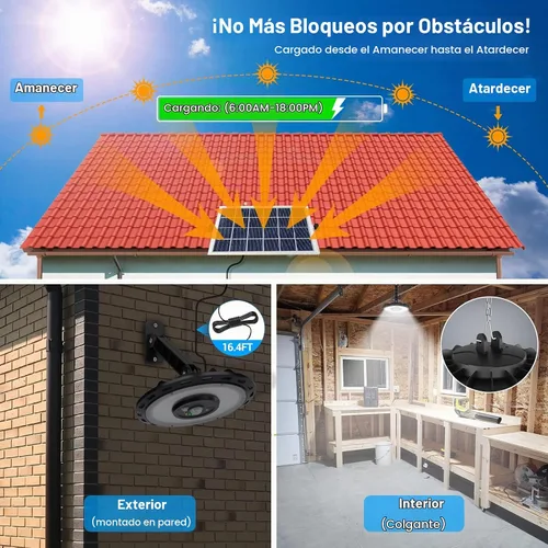 Vista 2 de ropelux - Luces solares para interiores y exteriores, 3000 lm, regulables, 5 modos (2 para iluminación durante todo el día), sensor de movimiento